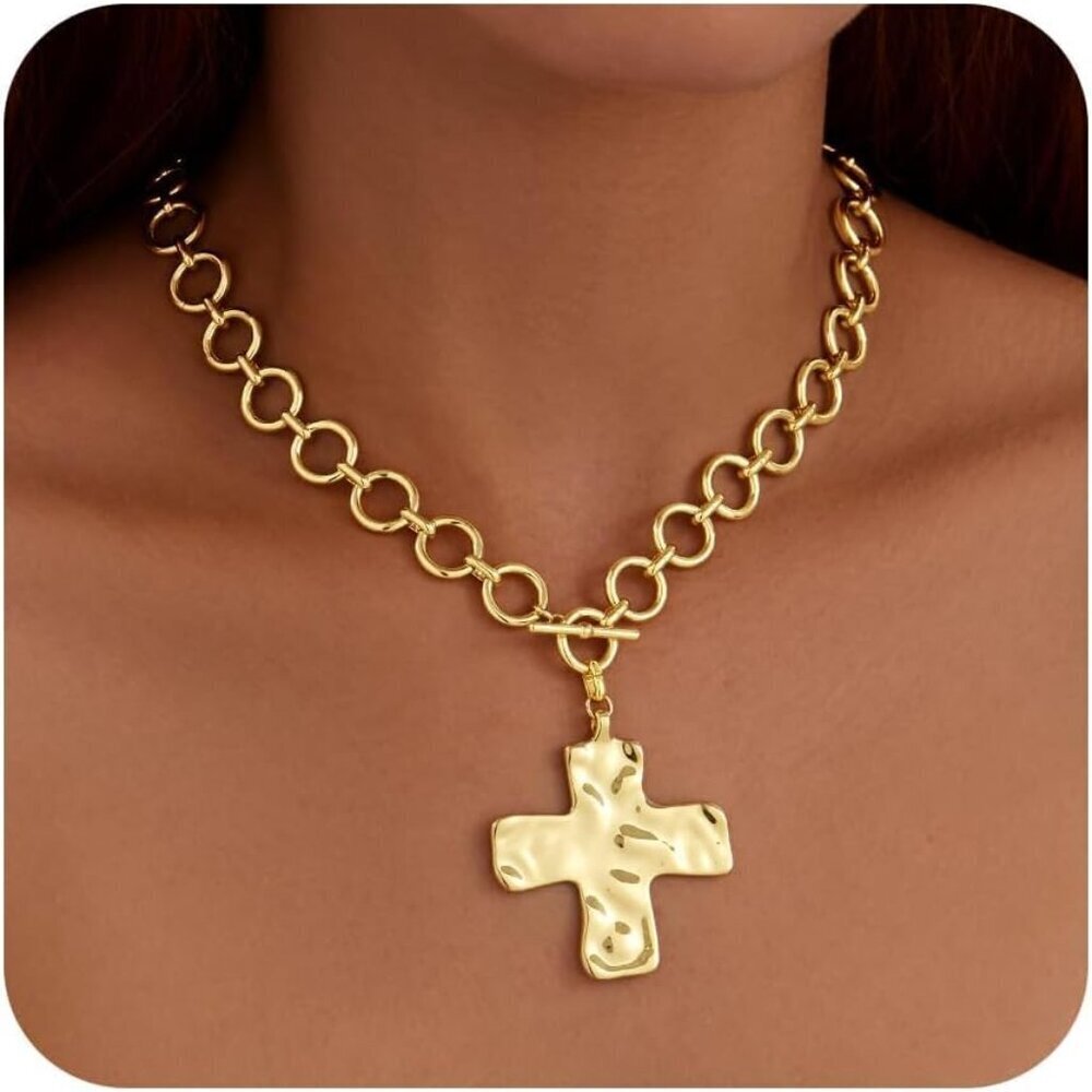 Women09 chunky gold 14K Gold Silver Cross Necklace - Non Tarnish Jewelry